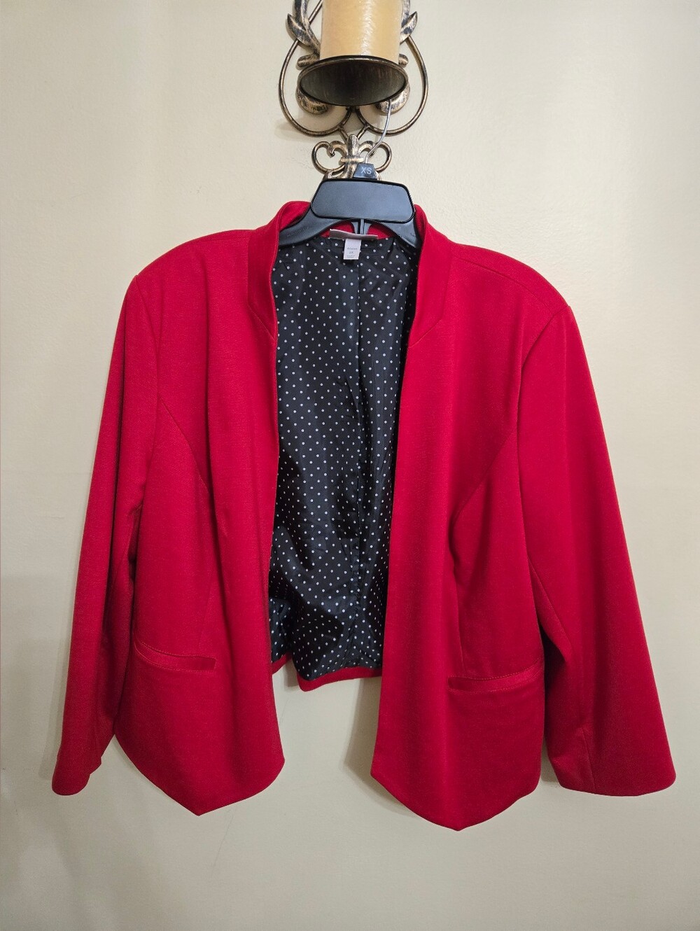 dressbarn Red Open-Front Blazer with Polka Dot Lining
